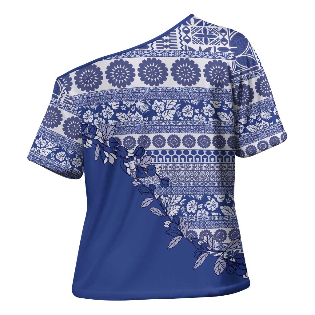 Fiji Marau na Kerisimasi Cross Shoulder Shirt Blue Tagimoucia Tapa Masi Tribal - Polynesian Pride