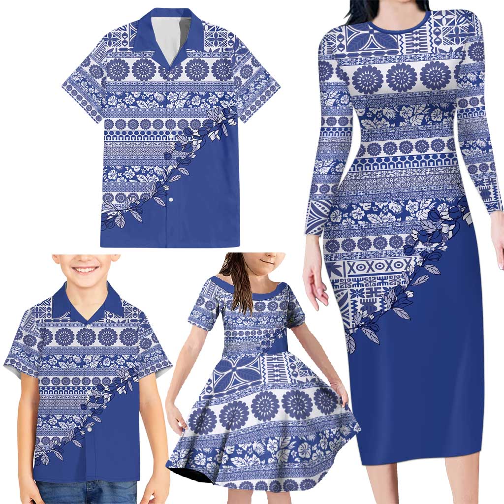 Fiji Marau na Kerisimasi Family Matching Long Sleeve Bodycon Dress and Hawaiian Shirt Blue Tagimoucia Tapa Masi Tribal - Polynesian Pride