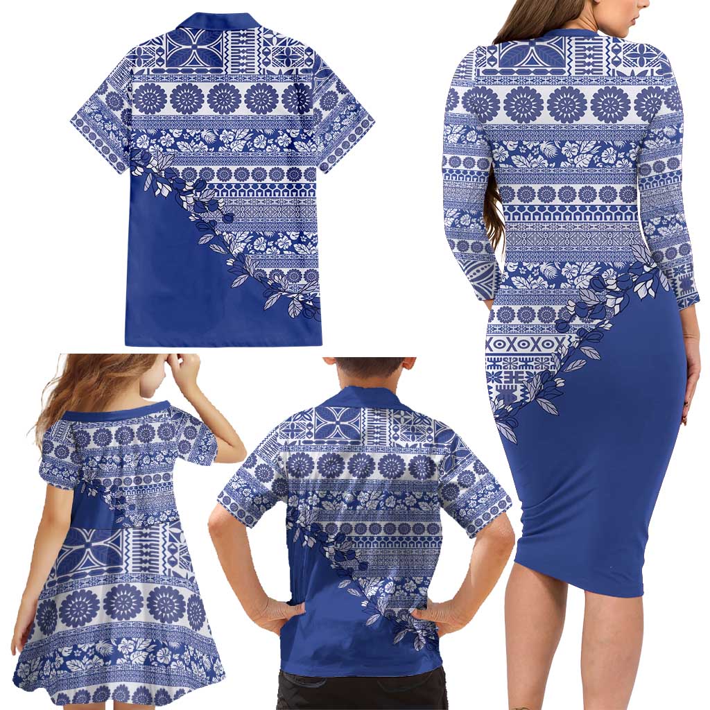 Fiji Marau na Kerisimasi Family Matching Long Sleeve Bodycon Dress and Hawaiian Shirt Blue Tagimoucia Tapa Masi Tribal - Polynesian Pride