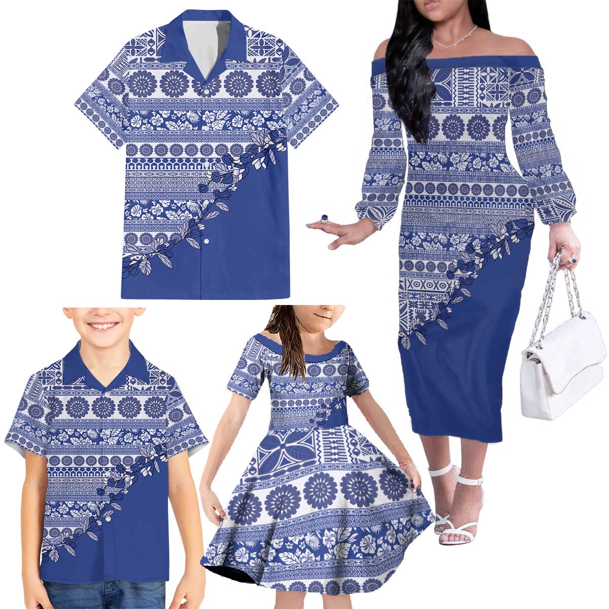 Fiji Marau na Kerisimasi Family Matching Off The Shoulder Long Sleeve Dress and Hawaiian Shirt Blue Tagimoucia Tapa Masi Tribal - Polynesian Pride