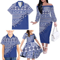 Fiji Marau na Kerisimasi Family Matching Off The Shoulder Long Sleeve Dress and Hawaiian Shirt Blue Tagimoucia Tapa Masi Tribal - Polynesian Pride