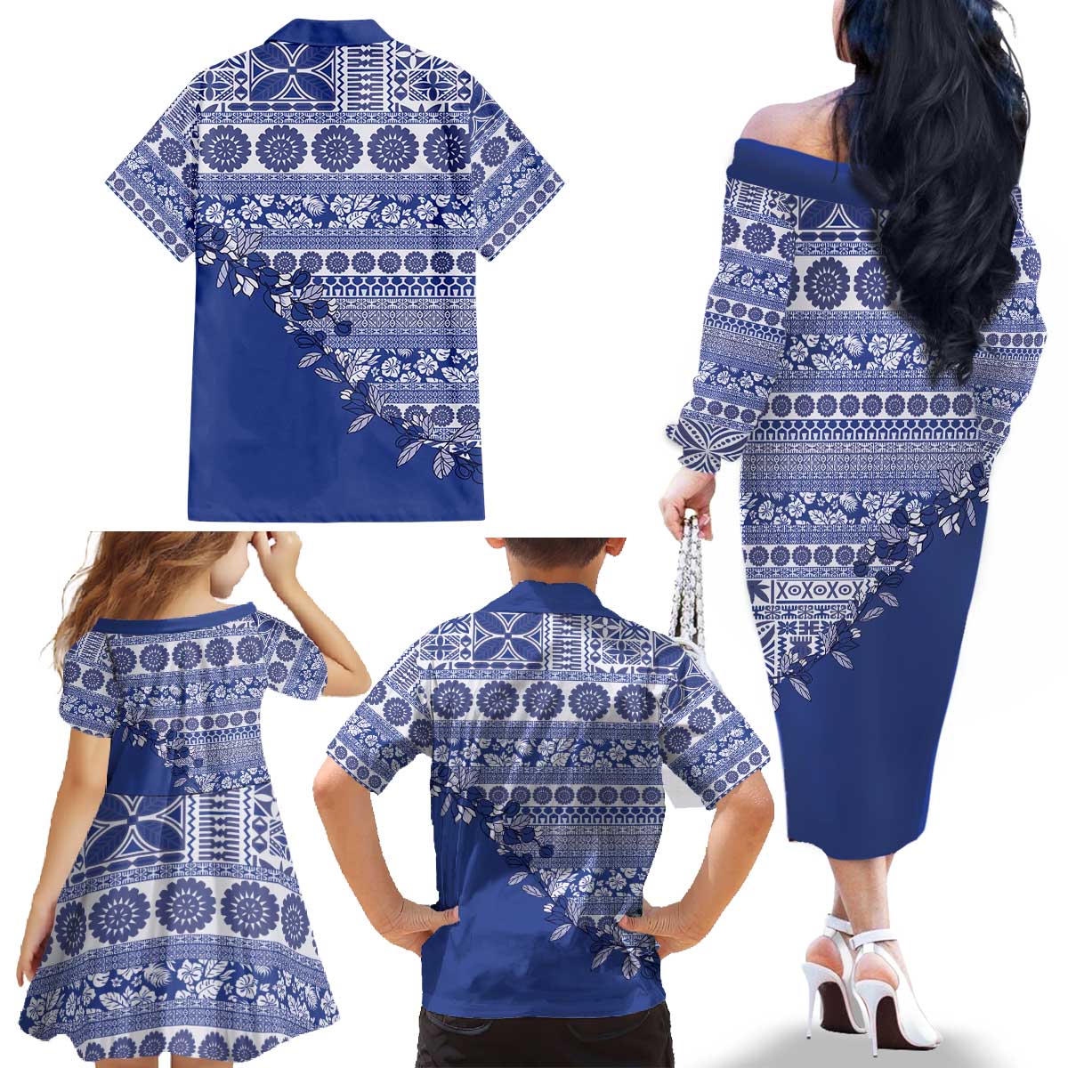 Fiji Marau na Kerisimasi Family Matching Off The Shoulder Long Sleeve Dress and Hawaiian Shirt Blue Tagimoucia Tapa Masi Tribal - Polynesian Pride