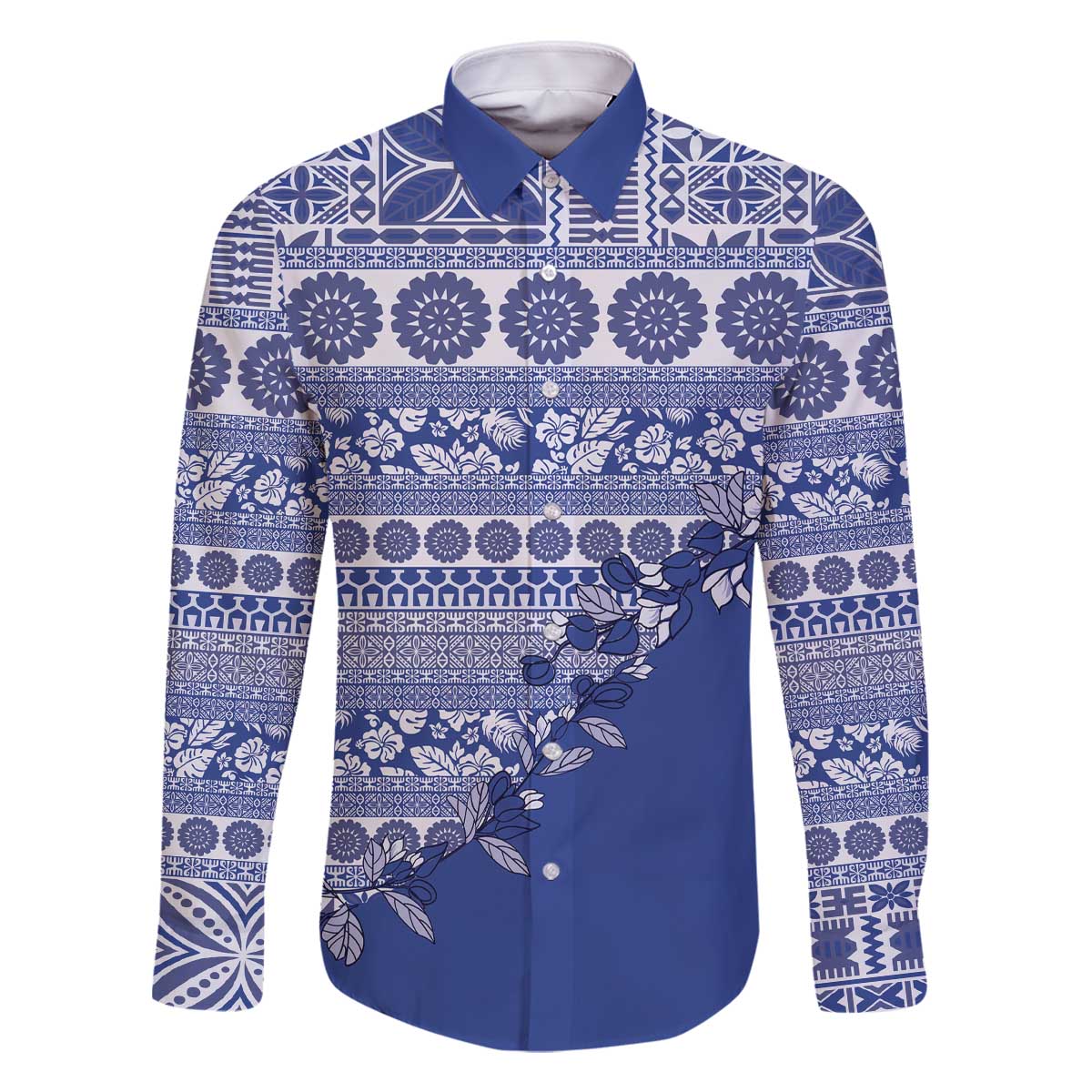 Fiji Marau na Kerisimasi Family Matching Off The Shoulder Long Sleeve Dress and Hawaiian Shirt Blue Tagimoucia Tapa Masi Tribal - Polynesian Pride