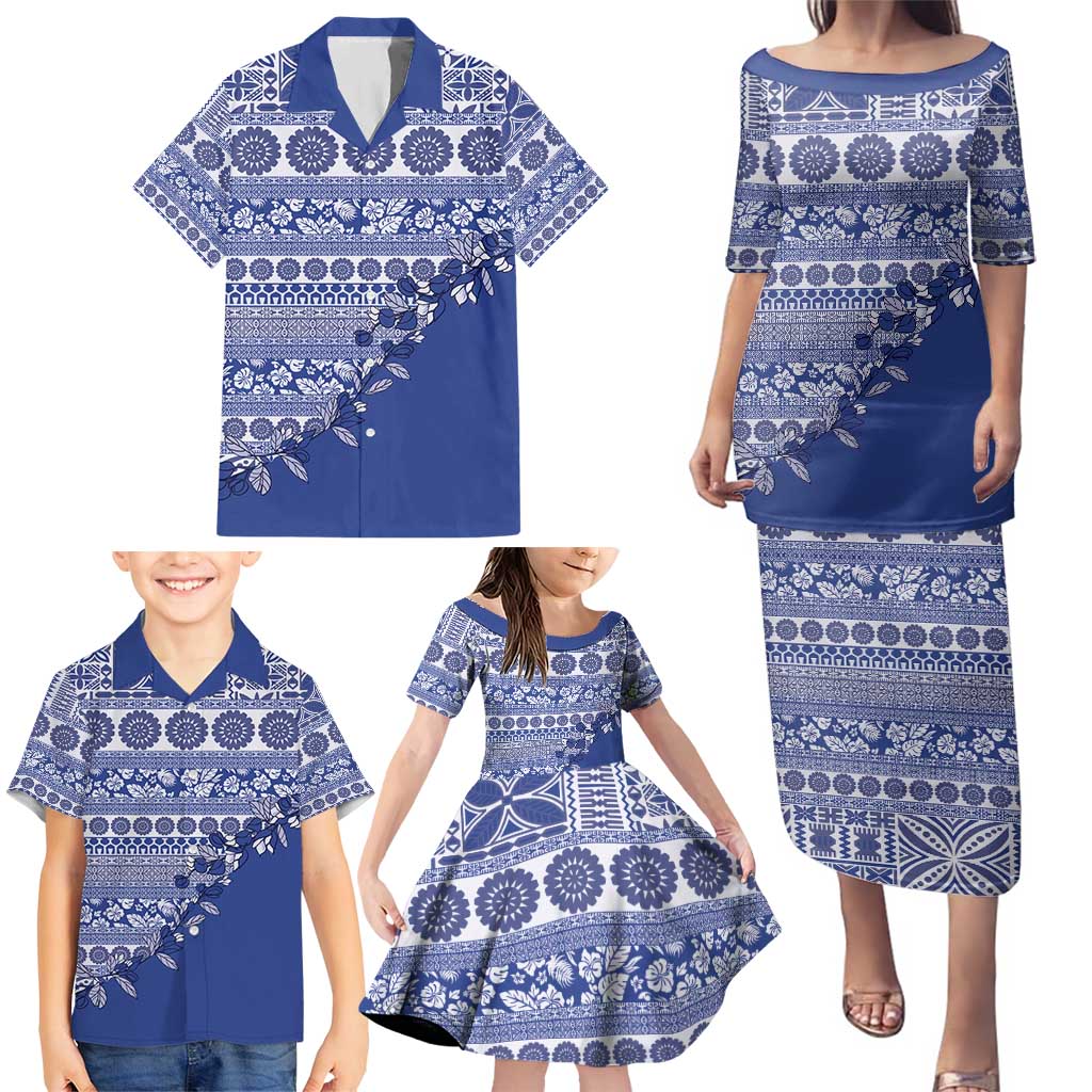 Fiji Marau na Kerisimasi Family Matching Puletasi and Hawaiian Shirt Blue Tagimoucia Tapa Masi Tribal - Polynesian Pride