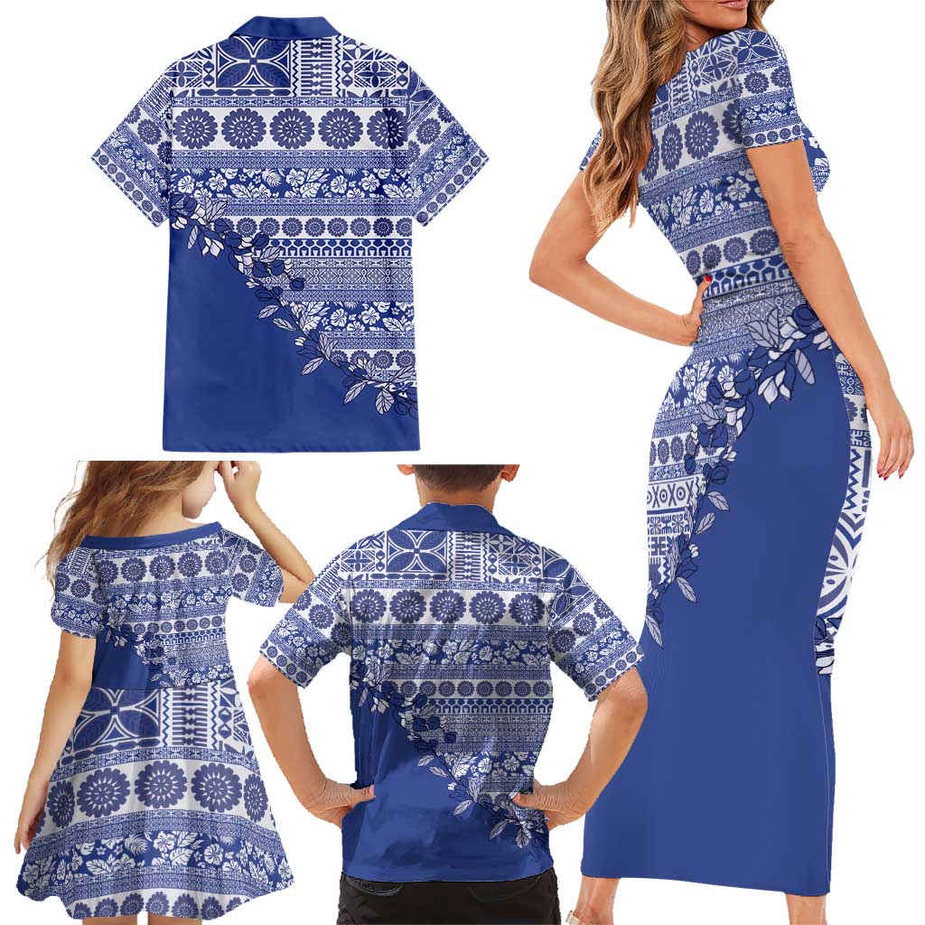 Fiji Marau na Kerisimasi Family Matching Short Sleeve Bodycon Dress and Hawaiian Shirt Blue Tagimoucia Tapa Masi Tribal - Polynesian Pride