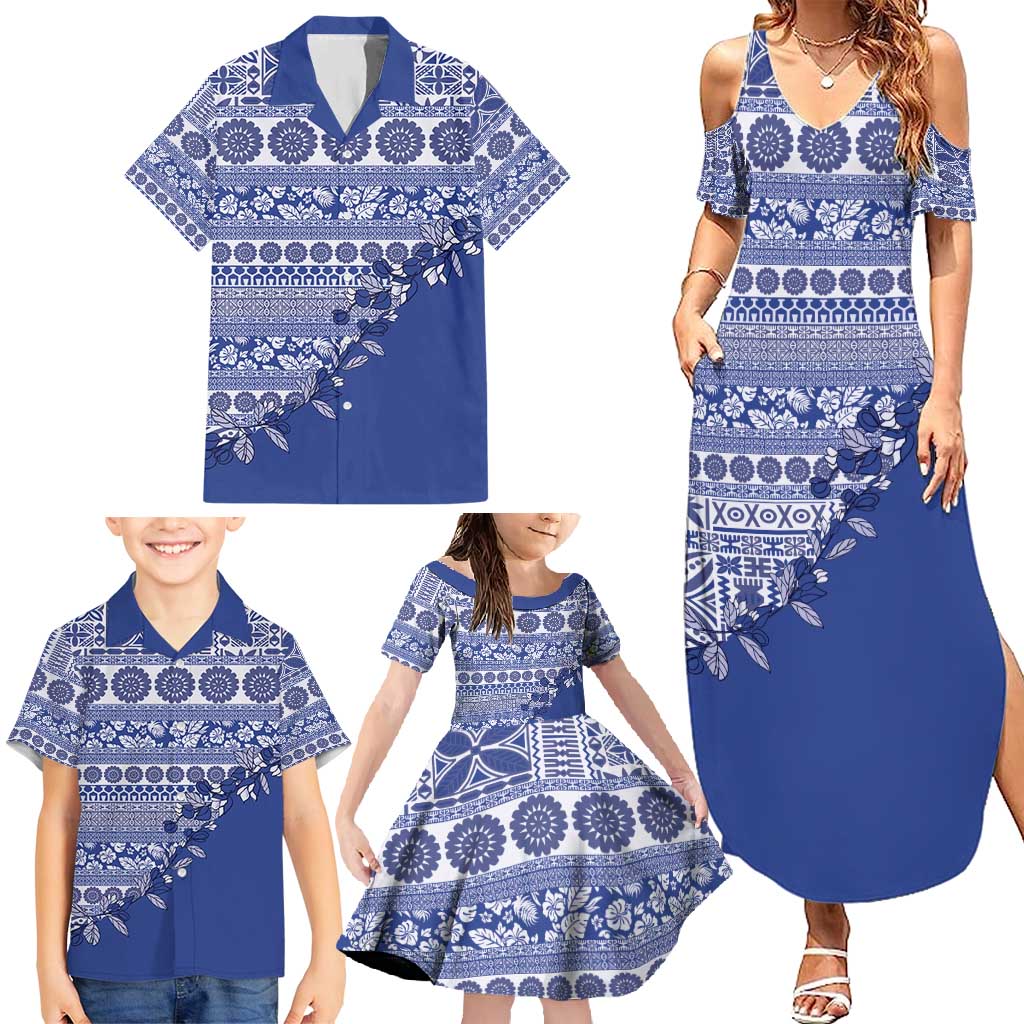 Fiji Marau na Kerisimasi Family Matching Summer Maxi Dress and Hawaiian Shirt Blue Tagimoucia Tapa Masi Tribal - Polynesian Pride