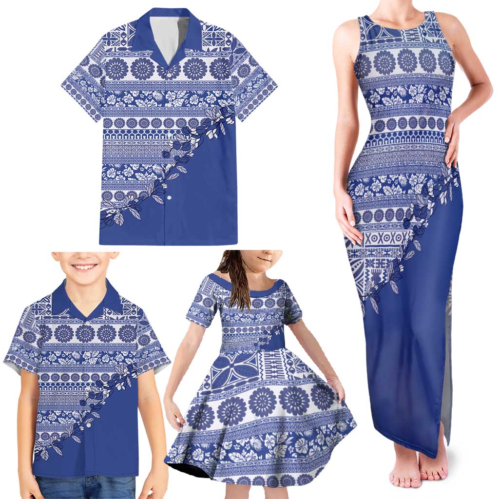 Fiji Marau na Kerisimasi Family Matching Tank Maxi Dress and Hawaiian Shirt Blue Tagimoucia Tapa Masi Tribal - Polynesian Pride
