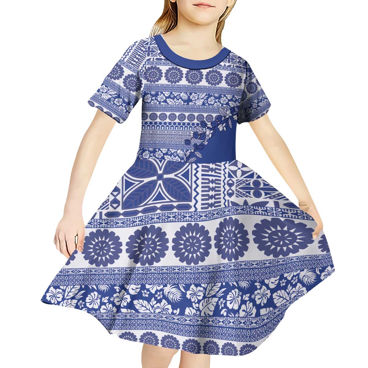 Fiji Marau na Kerisimasi Kid Short Sleeve Dress Blue Tagimoucia Tapa Masi Tribal - Polynesian Pride