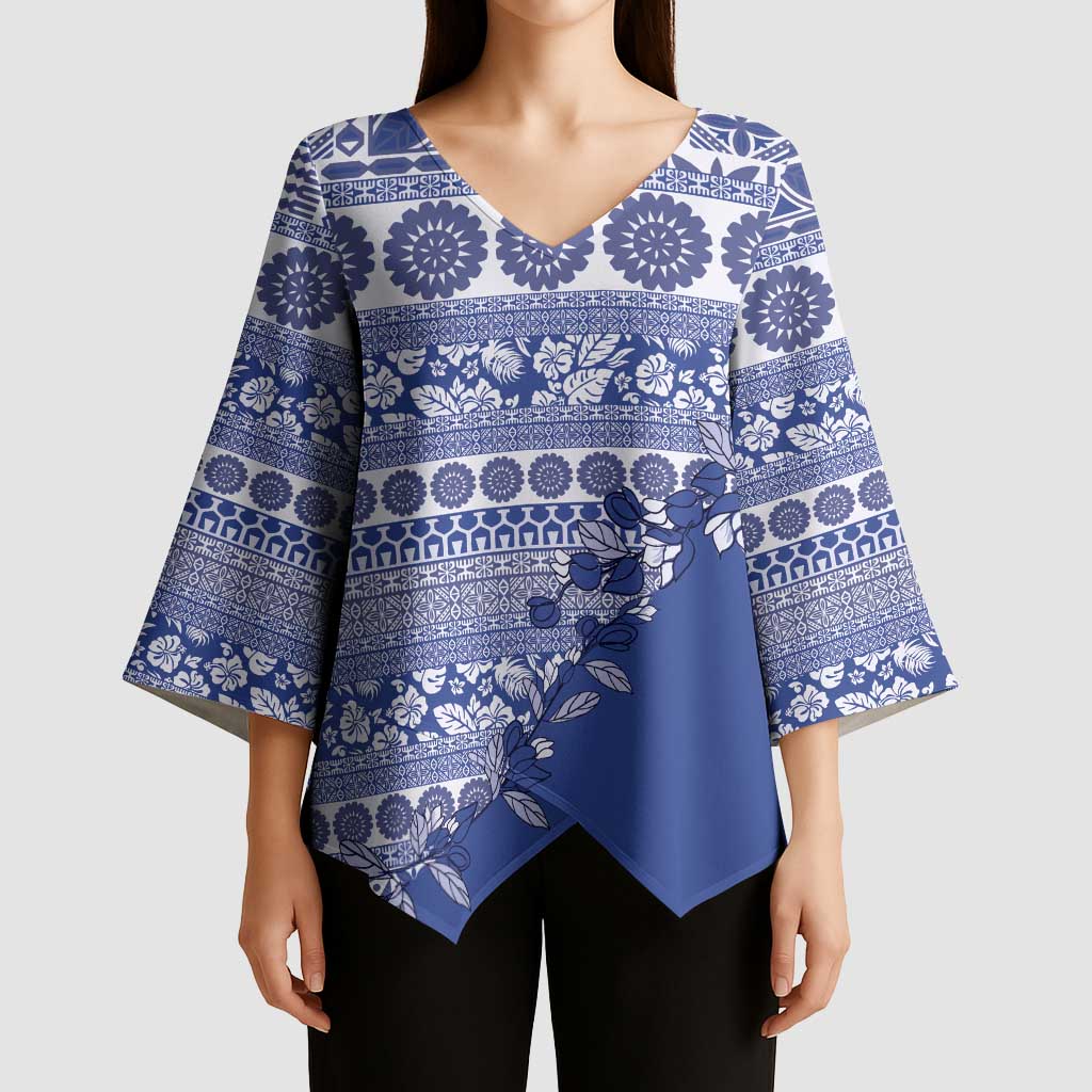Fiji Marau na Kerisimasi Kimono Sleeve Blouse Blue Tagimoucia Tapa Masi Tribal - Polynesian Pride
