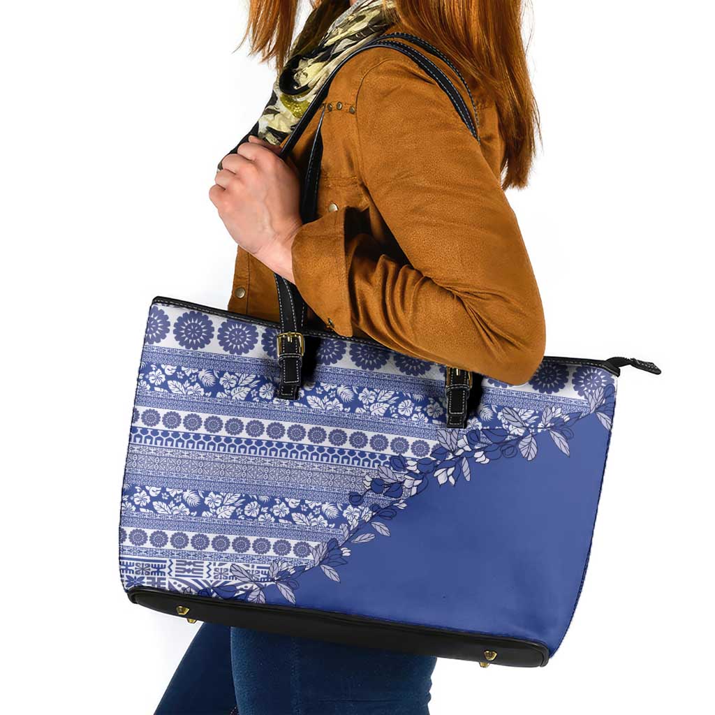 Fiji Marau na Kerisimasi Leather Tote Bag Blue Tagimoucia Tapa Masi Tribal - Polynesian Pride