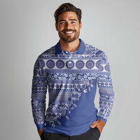 Fiji Marau na Kerisimasi Long Sleeve Polo Shirt Blue Tagimoucia Tapa Masi Tribal - Polynesian Pride