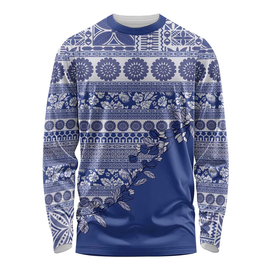 Fiji Marau na Kerisimasi Long Sleeve Shirt Blue Tagimoucia Tapa Masi Tribal - Polynesian Pride
