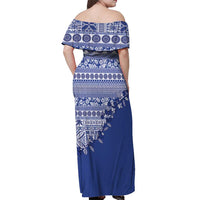 Fiji Marau na Kerisimasi Off Shoulder Maxi Dress Blue Tagimoucia Tapa Masi Tribal - Polynesian Pride