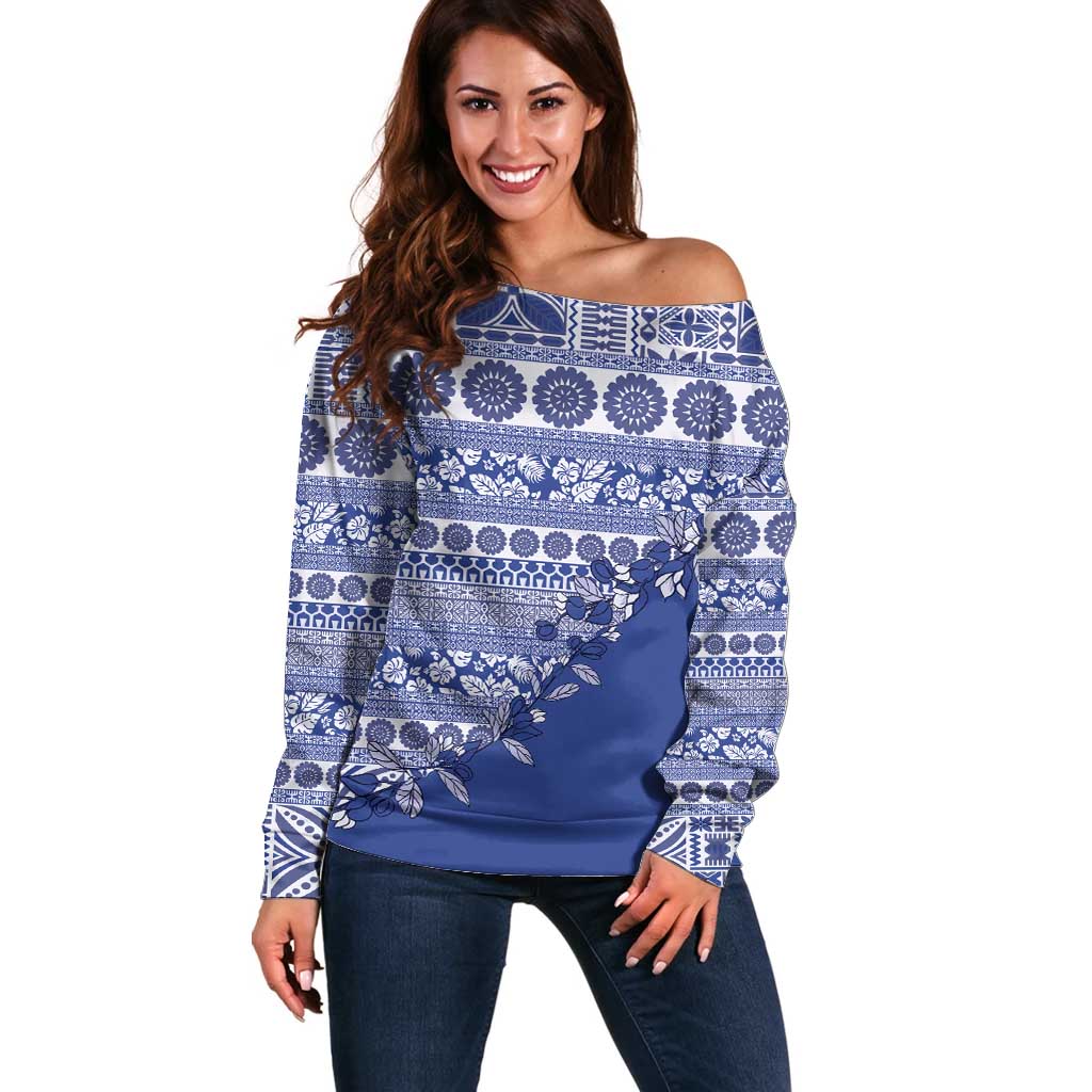 Fiji Marau na Kerisimasi Off Shoulder Sweater Blue Tagimoucia Tapa Masi Tribal - Polynesian Pride
