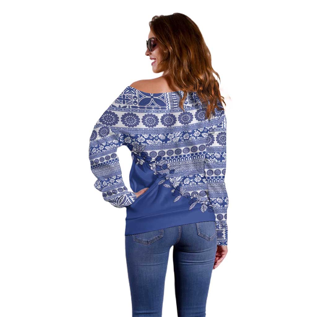Fiji Marau na Kerisimasi Off Shoulder Sweater Blue Tagimoucia Tapa Masi Tribal - Polynesian Pride