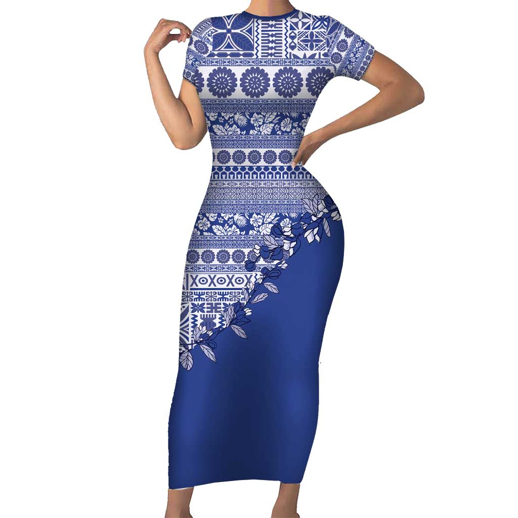 Fiji Marau na Kerisimasi Short Sleeve Bodycon Dress Blue Tagimoucia Tapa Masi Tribal - Polynesian Pride