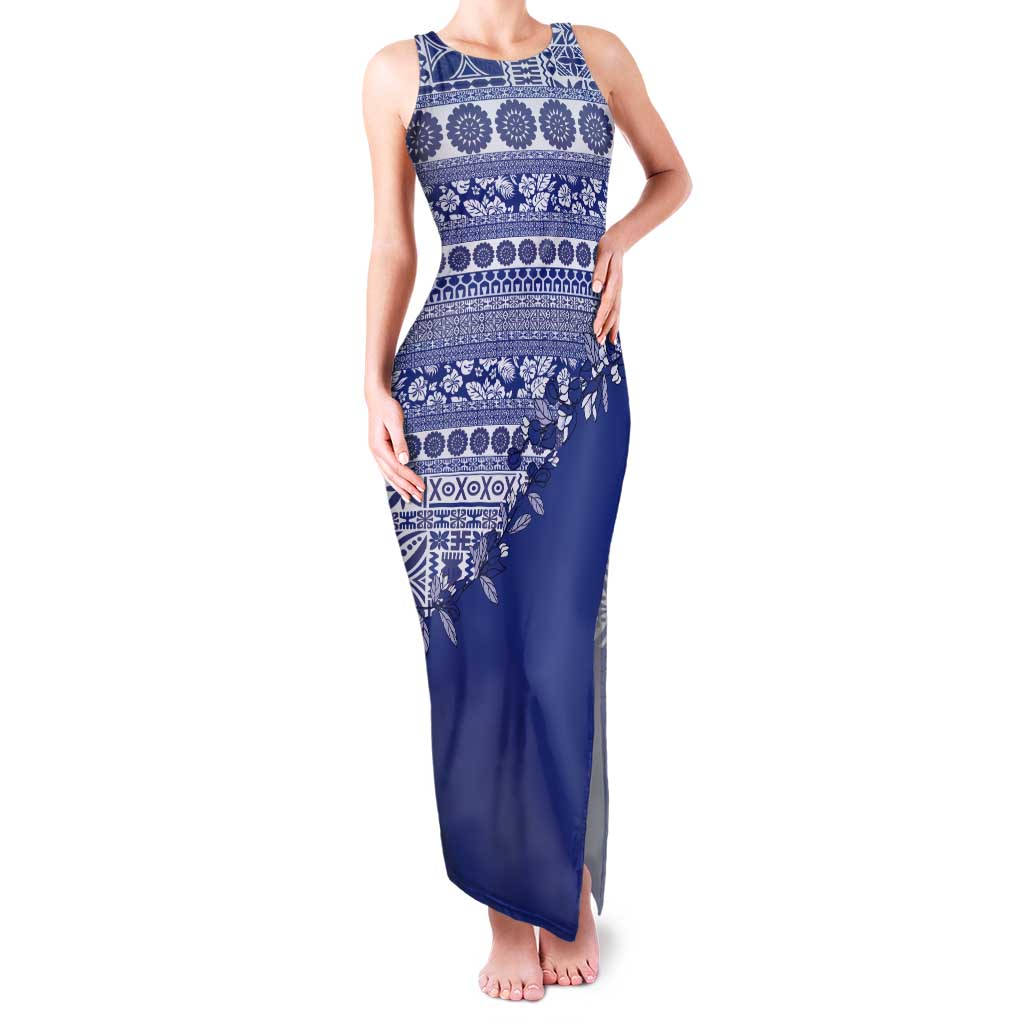 Fiji Marau na Kerisimasi Tank Maxi Dress Blue Tagimoucia Tapa Masi Tribal - Polynesian Pride