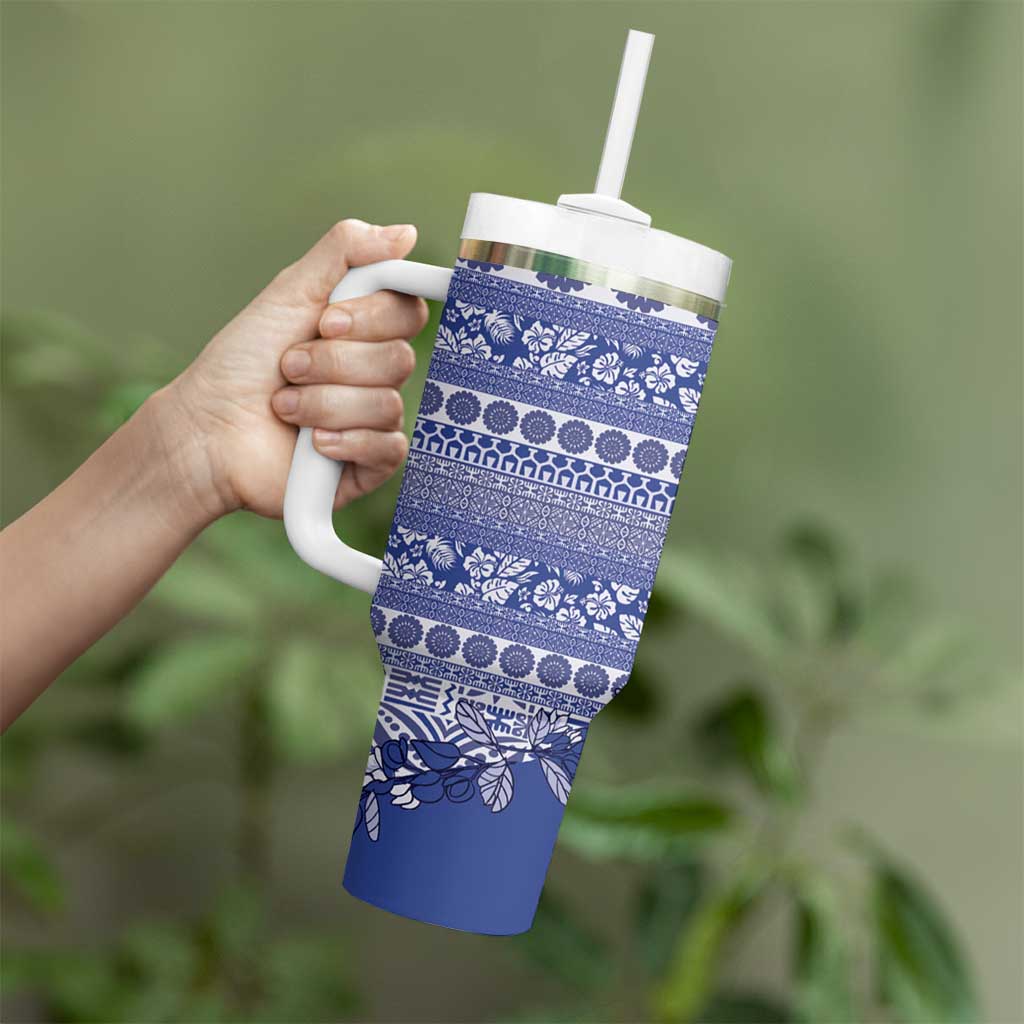 Fiji Marau na Kerisimasi Tumbler With Handle Blue Tagimoucia Tapa Masi Tribal - Polynesian Pride