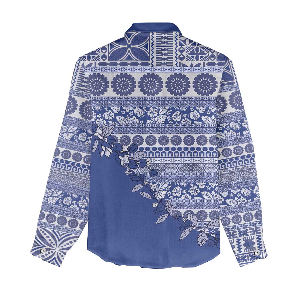 Fiji Marau na Kerisimasi Women Casual Shirt Blue Tagimoucia Tapa Masi Tribal - Polynesian Pride