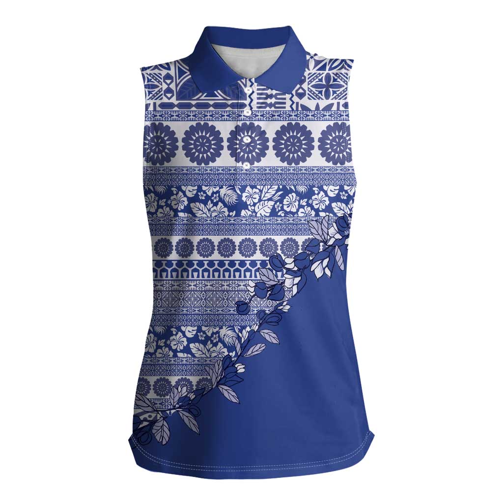 Fiji Marau na Kerisimasi Women Sleeveless Polo Shirt Blue Tagimoucia Tapa Masi Tribal - Polynesian Pride