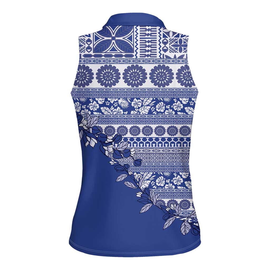 Fiji Marau na Kerisimasi Women Sleeveless Polo Shirt Blue Tagimoucia Tapa Masi Tribal - Polynesian Pride