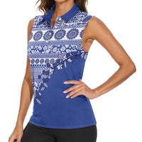 Fiji Marau na Kerisimasi Women Sleeveless Polo Shirt Blue Tagimoucia Tapa Masi Tribal - Polynesian Pride