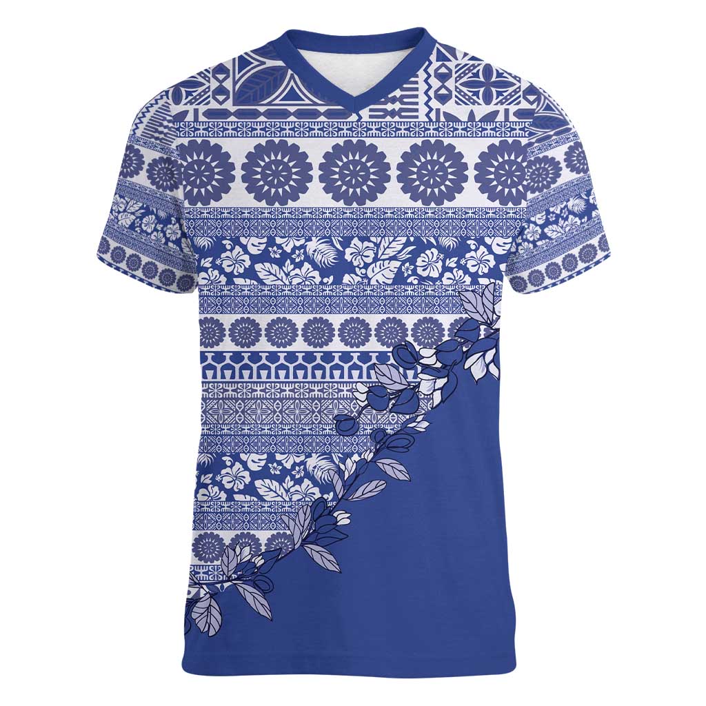 Fiji Marau na Kerisimasi Women V-Neck T-Shirt Blue Tagimoucia Tapa Masi Tribal - Polynesian Pride