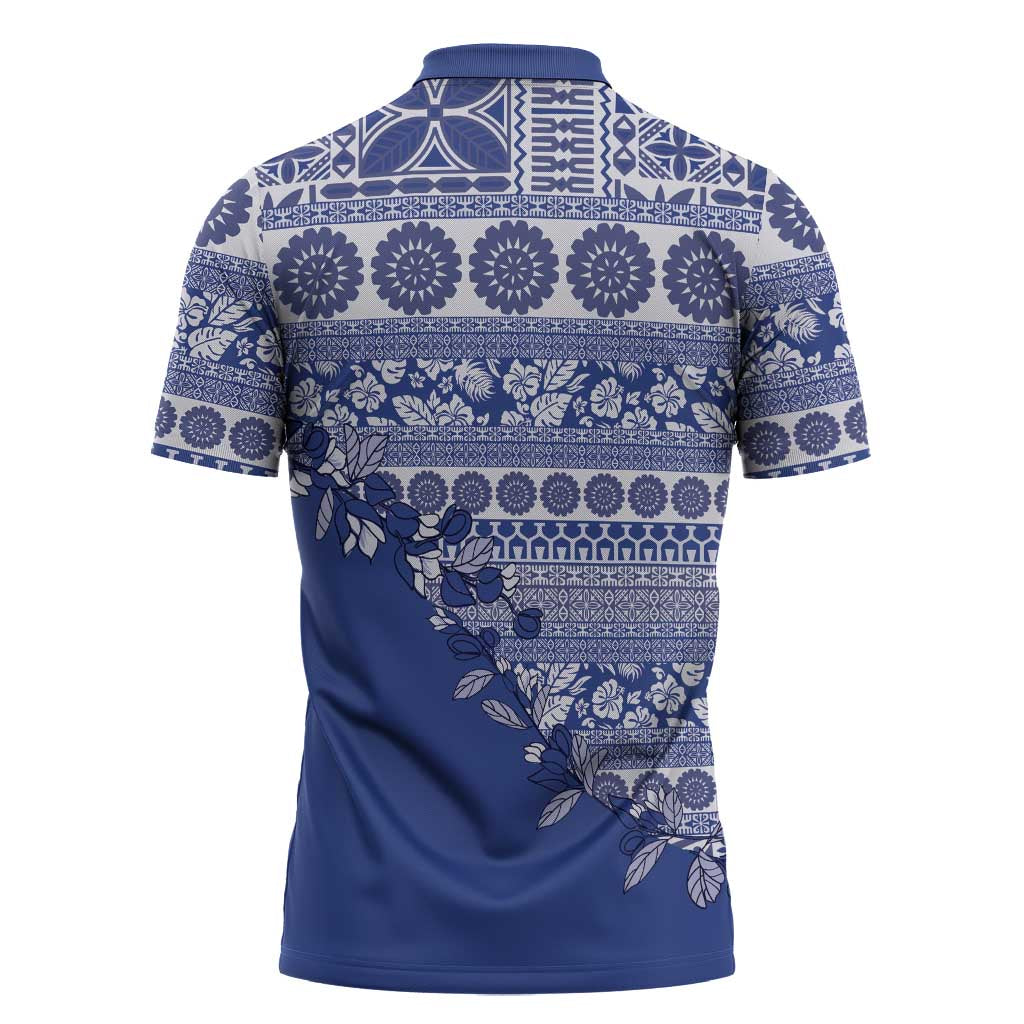 Fiji Marau na Kerisimasi Zipper Polo Shirt Blue Tagimoucia Tapa Masi Tribal LT9 - Polynesian Pride
