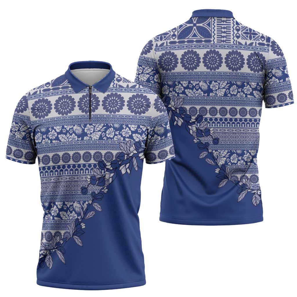 Fiji Marau na Kerisimasi Zipper Polo Shirt Blue Tagimoucia Tapa Masi Tribal LT9 - Polynesian Pride