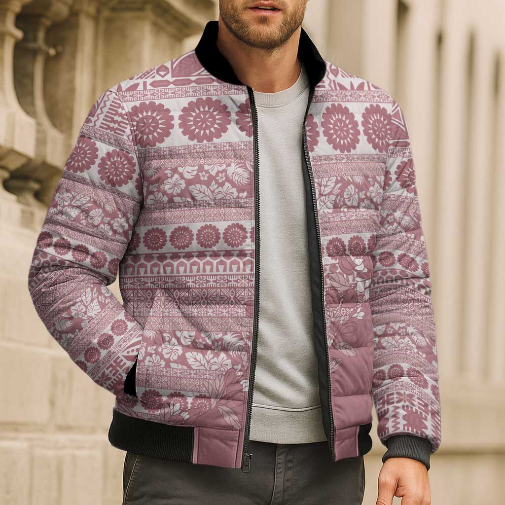 Fiji Marau na Kerisimasi Bomber Puffer Jacket Dusty Rose Tagimoucia Tapa Masi Tribal - Polynesian Pride