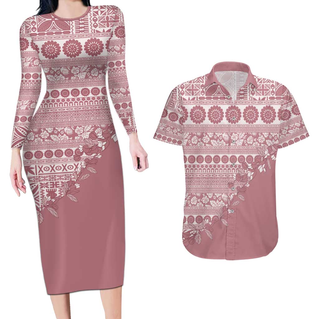 Fiji Marau na Kerisimasi Couples Matching Long Sleeve Bodycon Dress and Hawaiian Shirt Dusty Rose Tagimoucia Tapa Masi Tribal - Polynesian Pride