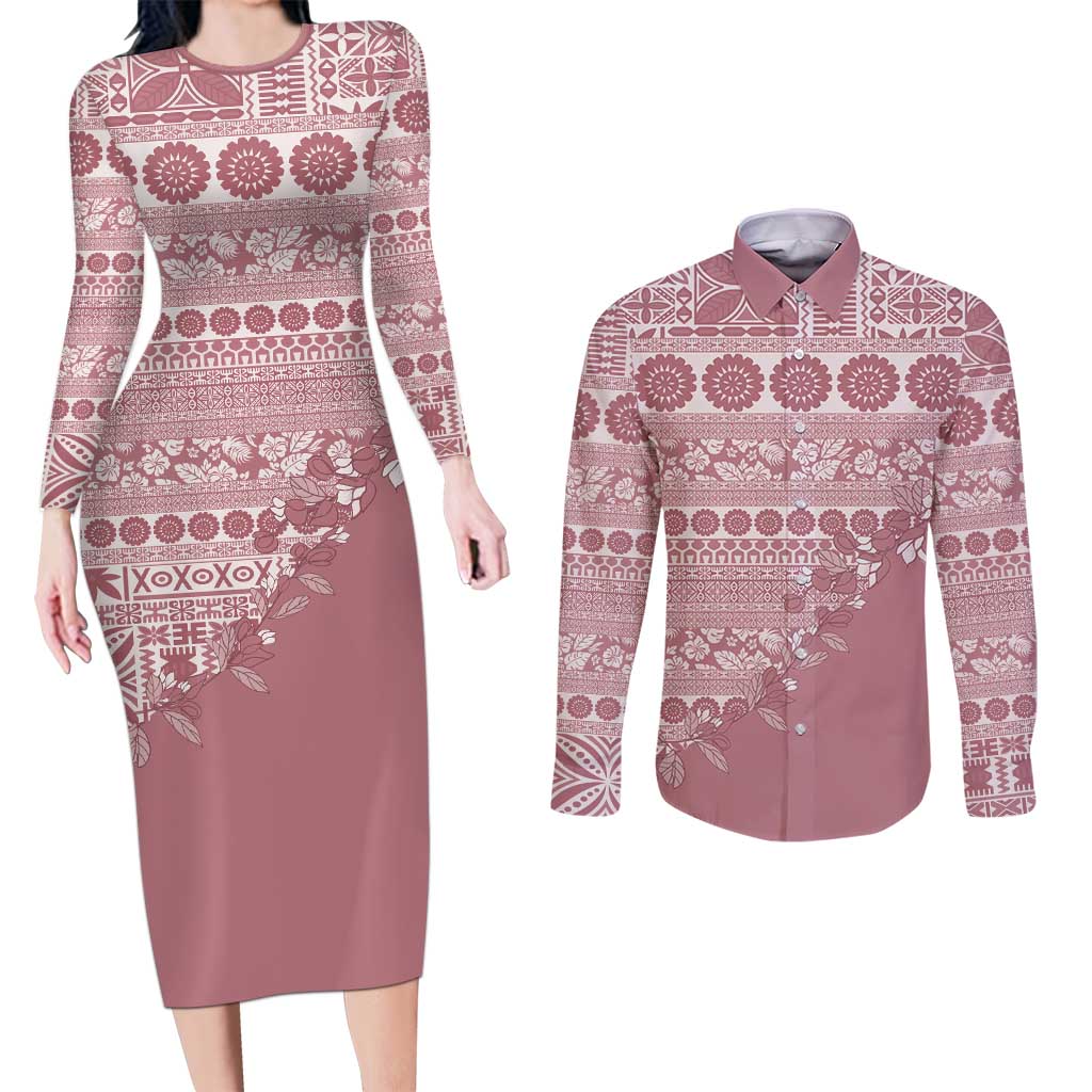 Fiji Marau na Kerisimasi Couples Matching Long Sleeve Bodycon Dress and Long Sleeve Button Shirt Dusty Rose Tagimoucia Tapa Masi Tribal - Polynesian Pride