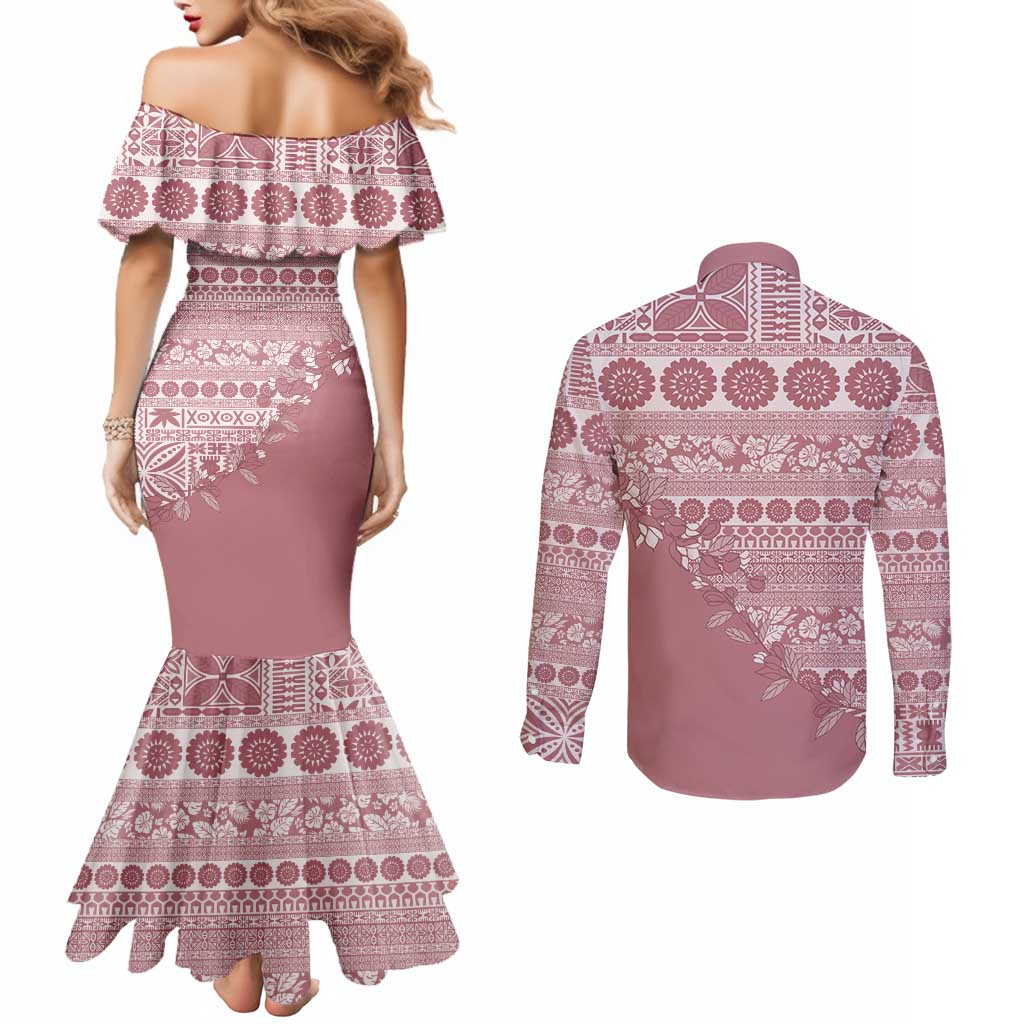 Fiji Marau na Kerisimasi Couples Matching Mermaid Dress and Long Sleeve Button Shirt Dusty Rose Tagimoucia Tapa Masi Tribal - Polynesian Pride