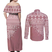 Fiji Marau na Kerisimasi Couples Matching Off Shoulder Maxi Dress and Long Sleeve Button Shirt Dusty Rose Tagimoucia Tapa Masi Tribal - Polynesian Pride