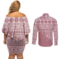 Fiji Marau na Kerisimasi Couples Matching Off Shoulder Short Dress and Long Sleeve Button Shirt Dusty Rose Tagimoucia Tapa Masi Tribal - Polynesian Pride