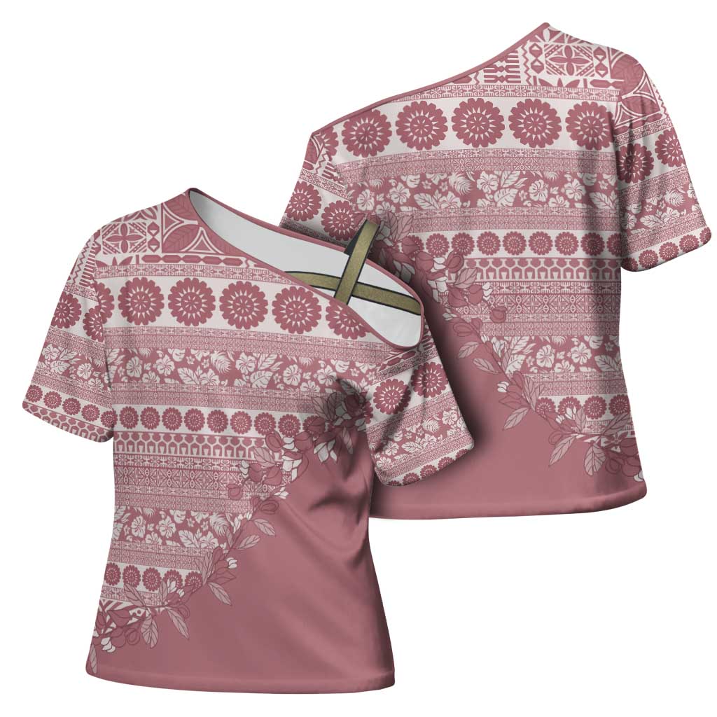 Fiji Marau na Kerisimasi Cross Shoulder Shirt Dusty Rose Tagimoucia Tapa Masi Tribal - Polynesian Pride