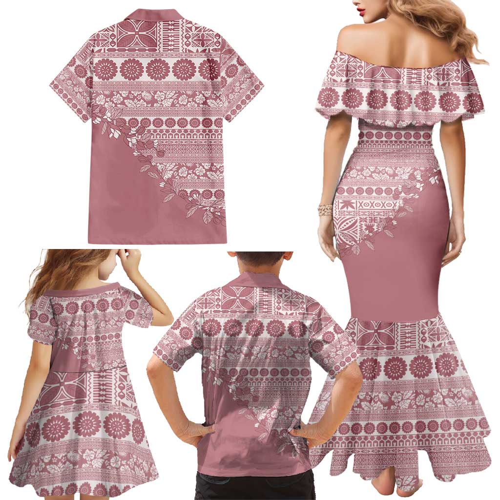 Fiji Marau na Kerisimasi Family Matching Mermaid Dress and Hawaiian Shirt Dusty Rose Tagimoucia Tapa Masi Tribal - Polynesian Pride