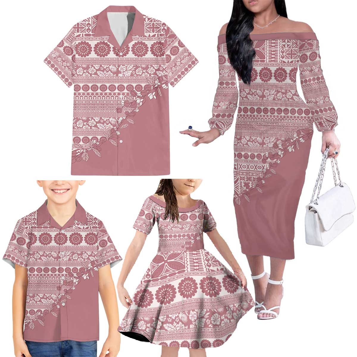 Fiji Marau na Kerisimasi Family Matching Off The Shoulder Long Sleeve Dress and Hawaiian Shirt Dusty Rose Tagimoucia Tapa Masi Tribal - Polynesian Pride