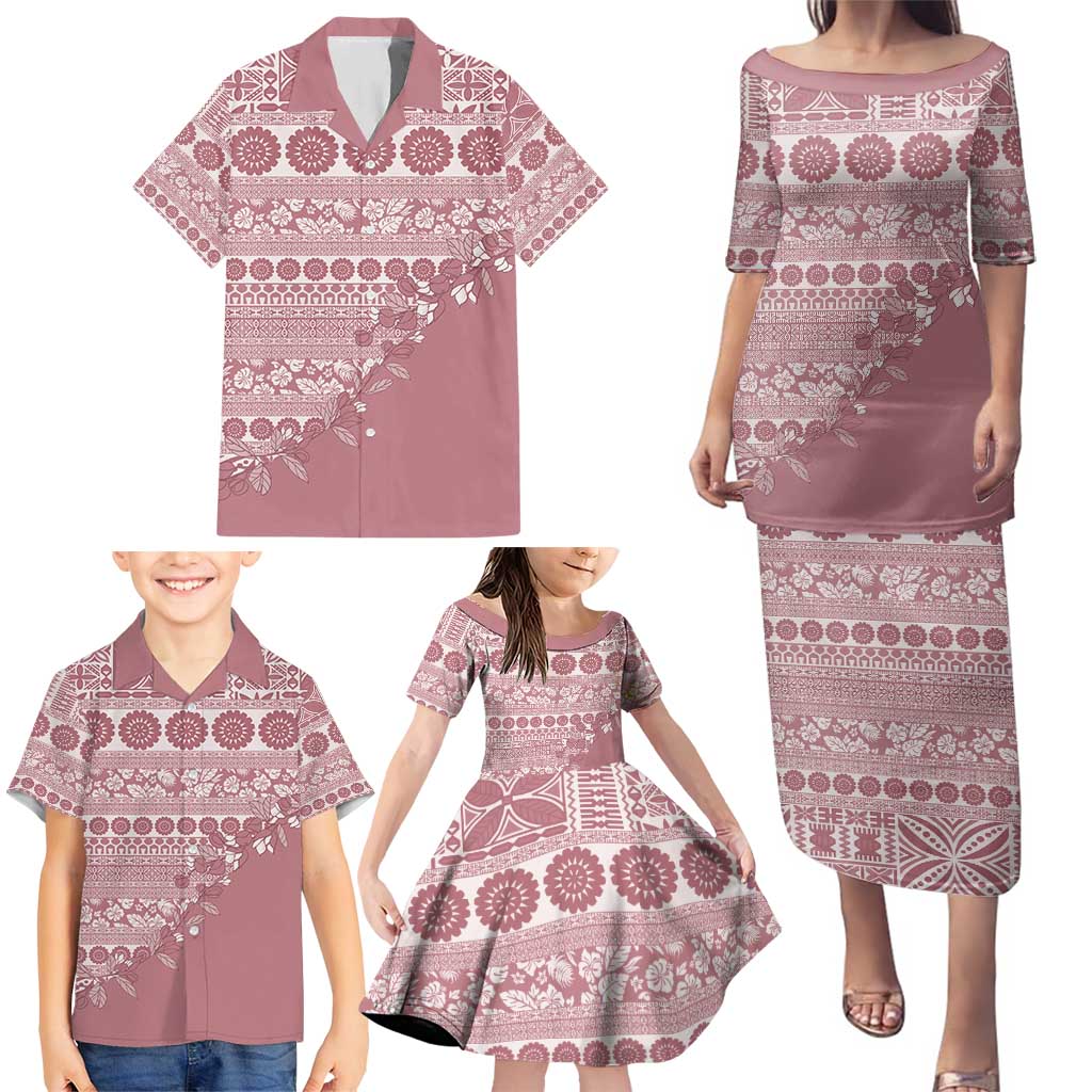 Fiji Marau na Kerisimasi Family Matching Puletasi and Hawaiian Shirt Dusty Rose Tagimoucia Tapa Masi Tribal - Polynesian Pride