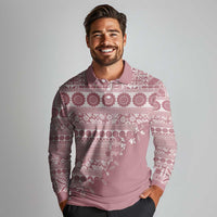Fiji Marau na Kerisimasi Long Sleeve Polo Shirt Dusty Rose Tagimoucia Tapa Masi Tribal - Polynesian Pride