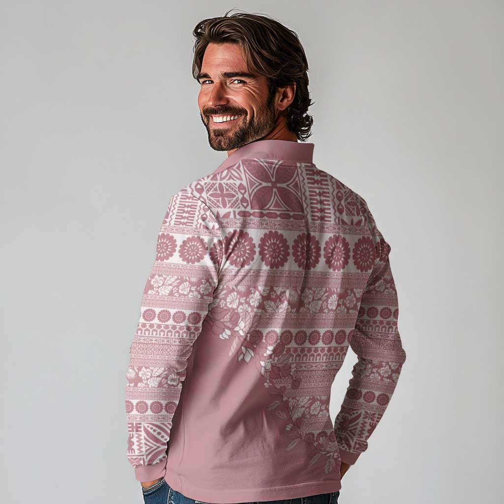 Fiji Marau na Kerisimasi Long Sleeve Polo Shirt Dusty Rose Tagimoucia Tapa Masi Tribal - Polynesian Pride