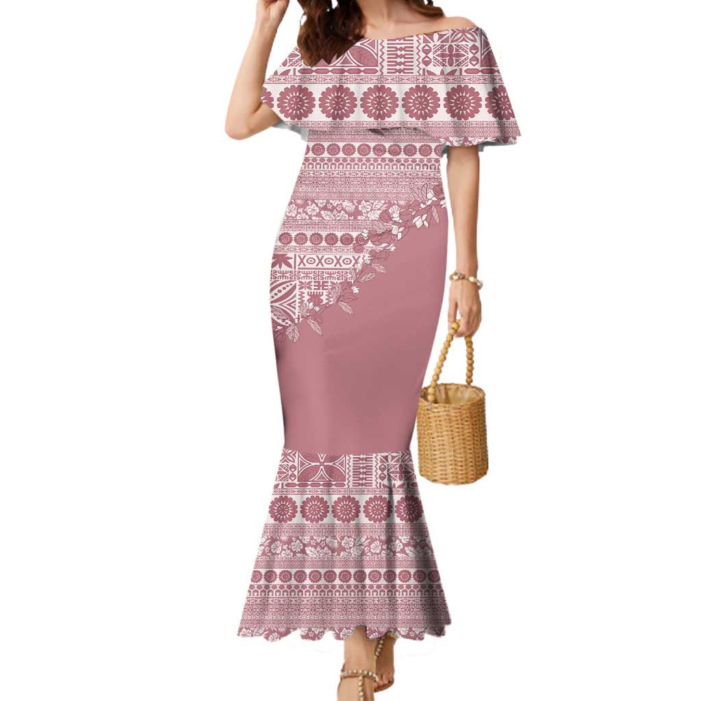 Fiji Marau na Kerisimasi Mermaid Dress Dusty Rose Tagimoucia Tapa Masi Tribal - Polynesian Pride