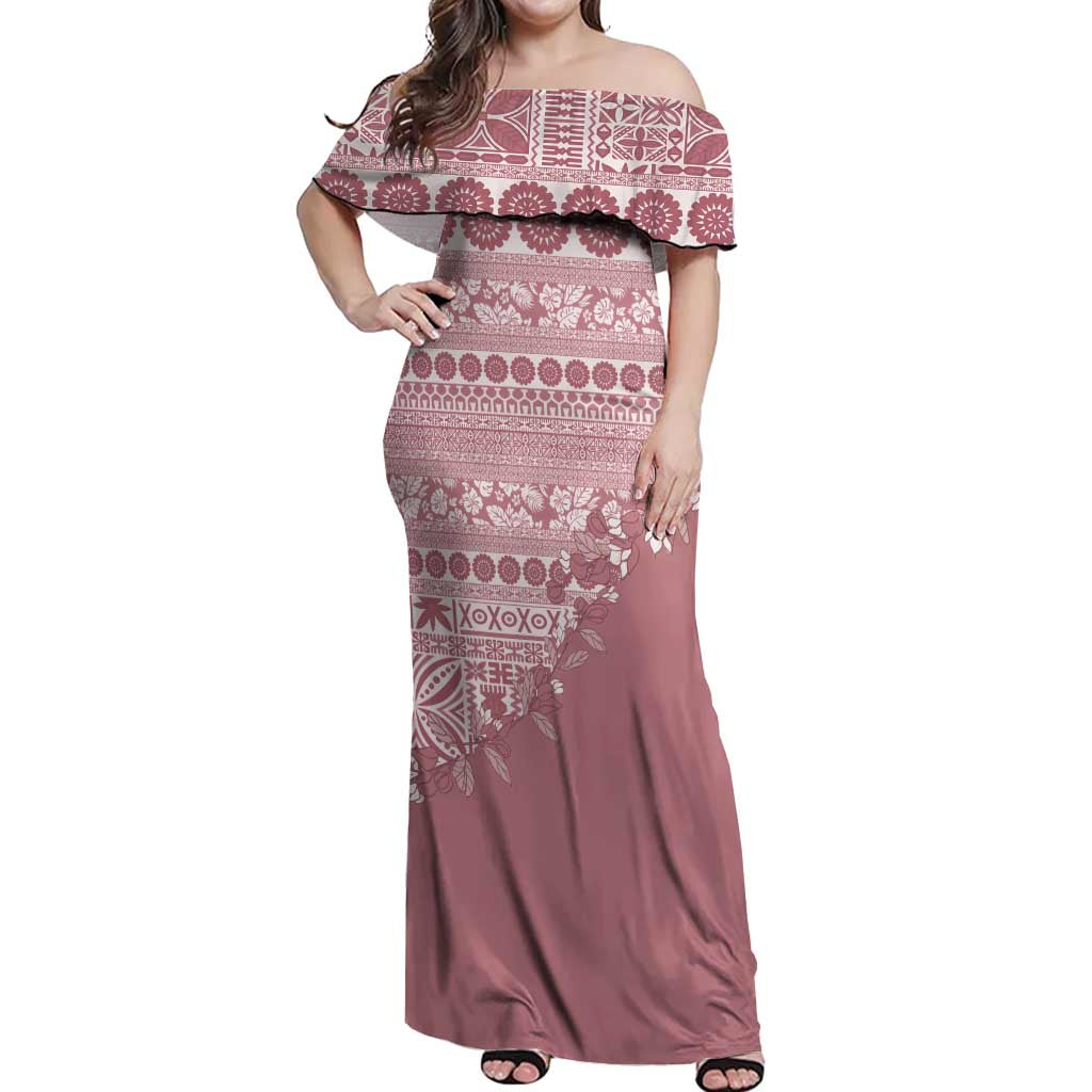 Fiji Marau na Kerisimasi Off Shoulder Maxi Dress Dusty Rose Tagimoucia Tapa Masi Tribal - Polynesian Pride