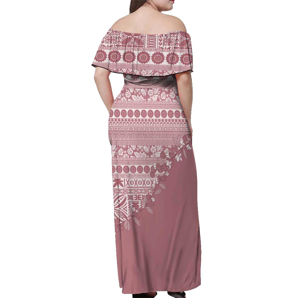 Fiji Marau na Kerisimasi Off Shoulder Maxi Dress Dusty Rose Tagimoucia Tapa Masi Tribal - Polynesian Pride
