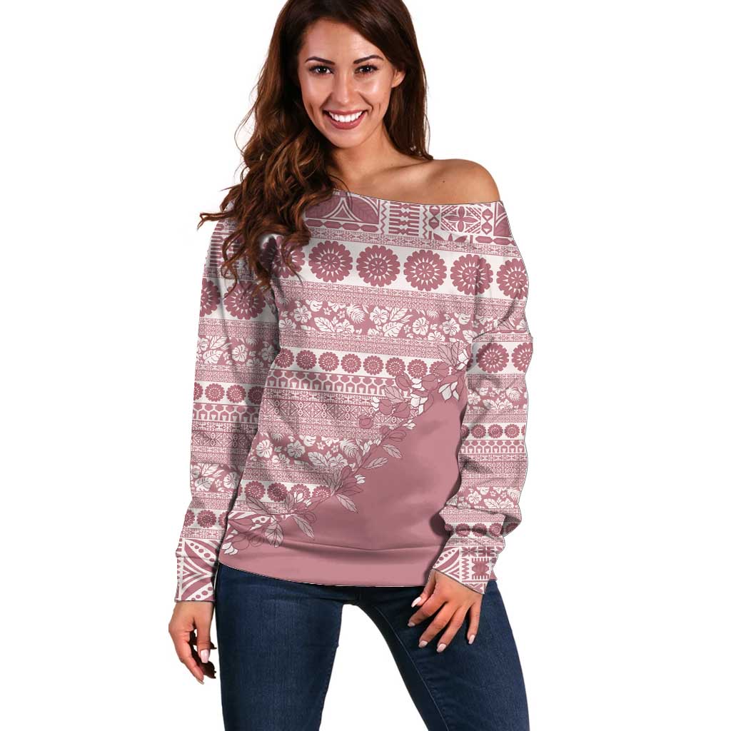 Fiji Marau na Kerisimasi Off Shoulder Sweater Dusty Rose Tagimoucia Tapa Masi Tribal - Polynesian Pride