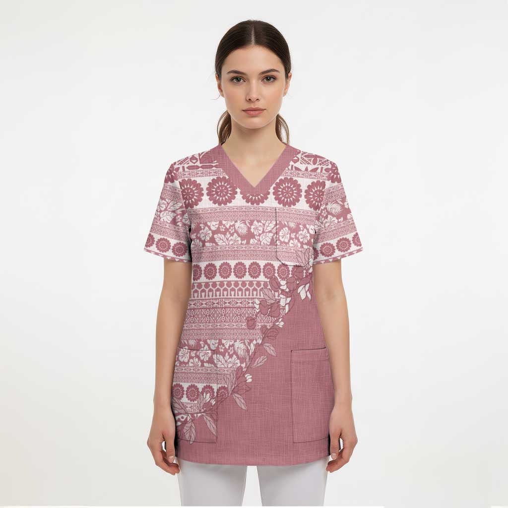 Fiji Marau na Kerisimasi Scrub Top Dusty Rose Tagimoucia Tapa Masi Tribal - Polynesian Pride