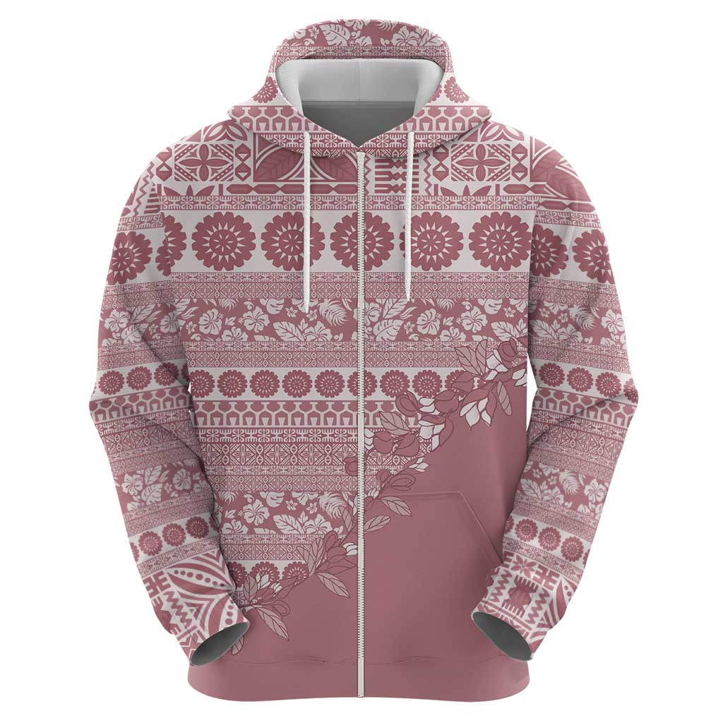 Fiji Marau na Kerisimasi Zip Hoodie Dusty Rose Tagimoucia Tapa Masi Tribal - Polynesian Pride