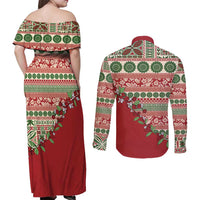 Fiji Marau na Kerisimasi Couples Matching Off Shoulder Maxi Dress and Long Sleeve Button Shirt Red Tagimoucia Tapa Masi Tribal - Polynesian Pride