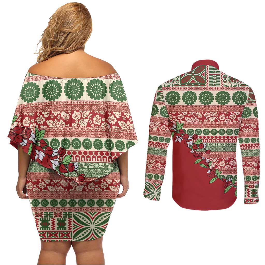 Fiji Marau na Kerisimasi Couples Matching Off Shoulder Short Dress and Long Sleeve Button Shirt Red Tagimoucia Tapa Masi Tribal - Polynesian Pride