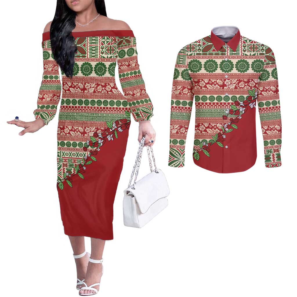 Fiji Marau na Kerisimasi Couples Matching Off The Shoulder Long Sleeve Dress and Long Sleeve Button Shirt Red Tagimoucia Tapa Masi Tribal - Polynesian Pride